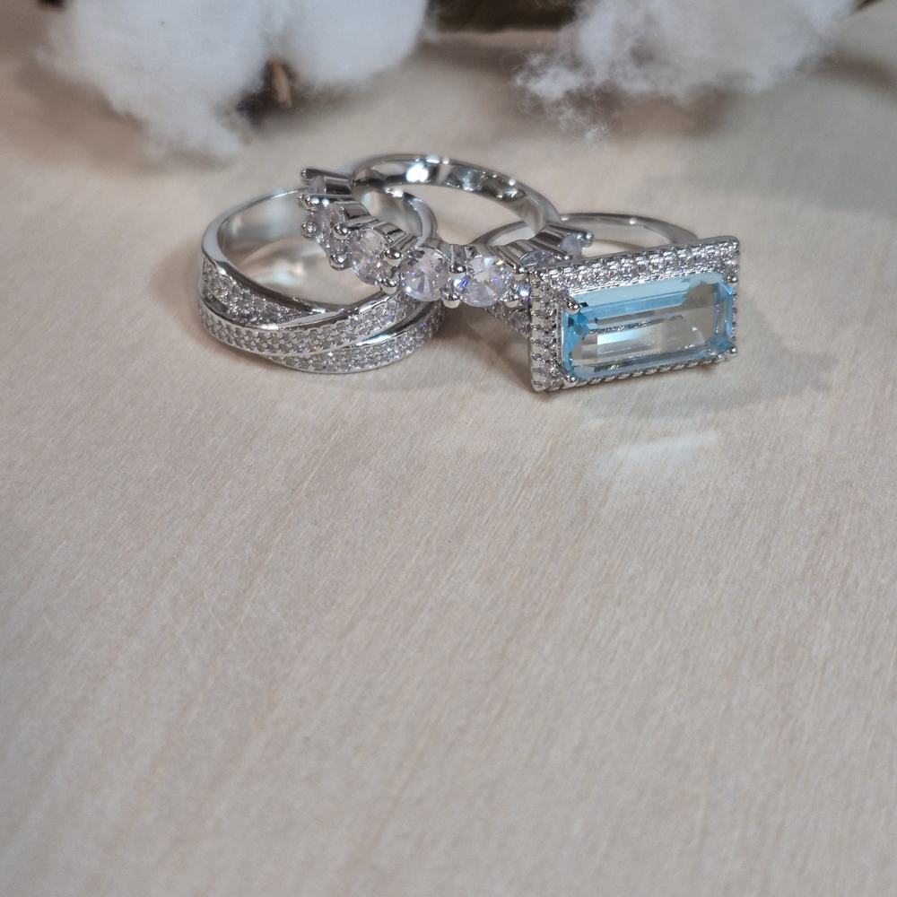 🩵🩶NEW🩵🩶 STUNNING!! Vintage 3PC Set Aquamarine CZ'S Rings In SILVER Plating - Picture 15 of 16